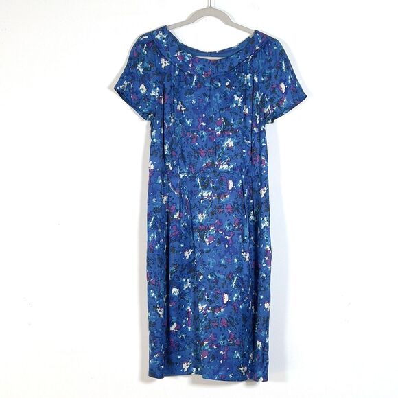 Boden Dresses & Skirts - Boden Silk Blend Midi Dress Sz 8R Blue Abstract Floral Cuff Cap Short Sleeve